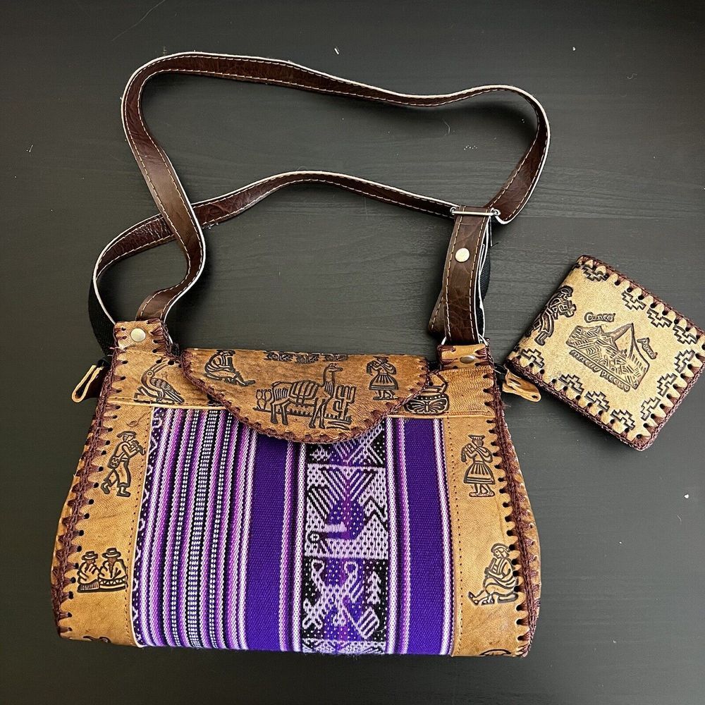 Peruvian Leather Woven Fabric Small Shoulder Bag Embossed W/ Wallet Machu Picchu